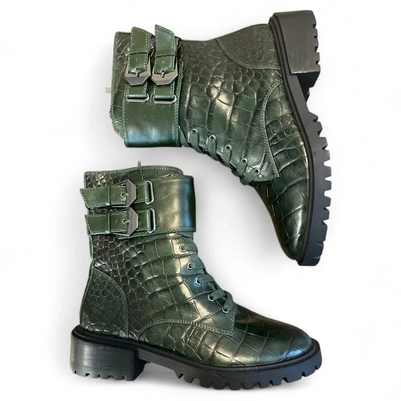 VINCE CAMUTO Combat Boot Women's 5.5 Fawdry Double Buckle in Green Croc - Picture 4 of 6